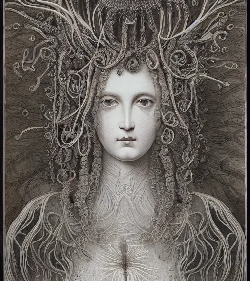 Image similar to portrait of a gorgeous sublime young goddess with intricate decorative jellyfish headdress and beautiful eyes, clear lines, detailed painting by christian rex van minnen and ernst haeckel and james jean