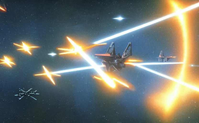 Prompt: iconic cinematic screen shot of fleet of x wing star fighters from the 1 9 8 0 s star wars sci fi film by stanley kubrick, optical glowing lasers, volumetric light, full of detail, 4 k uhd, kodak film stock, anamorphic lenses 2 4 mm, lens flare, iconic cinematography, award winning