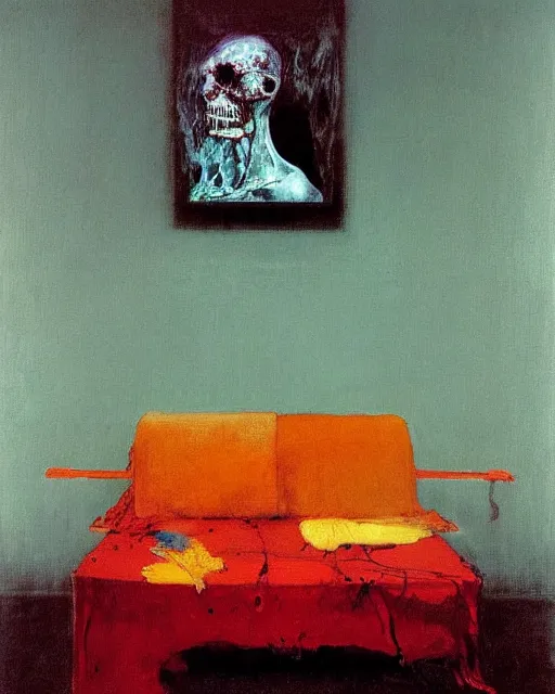 Image similar to thick flowing expressive acrylic painting of an old dead figure sitting on a couch in an old apartment watching the dog chase away the mail man,  Beksinski painting, part by Francisco Goya and Gerhard Richter. art by James Jean, Francis Bacon masterpiece