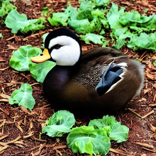 Prompt: duck in park, has skin of cabbage