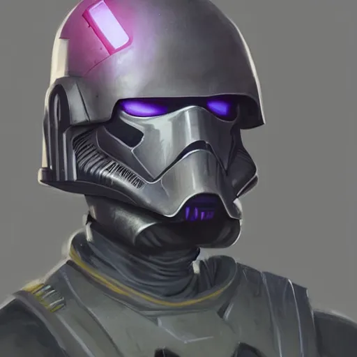 Image similar to concept art of a portrait by greg rutkowski, a soldier of the galactic dominion wearing gray and purple tactical gear, star wars expanded universe, smooth, sharp focus, artstation hq.