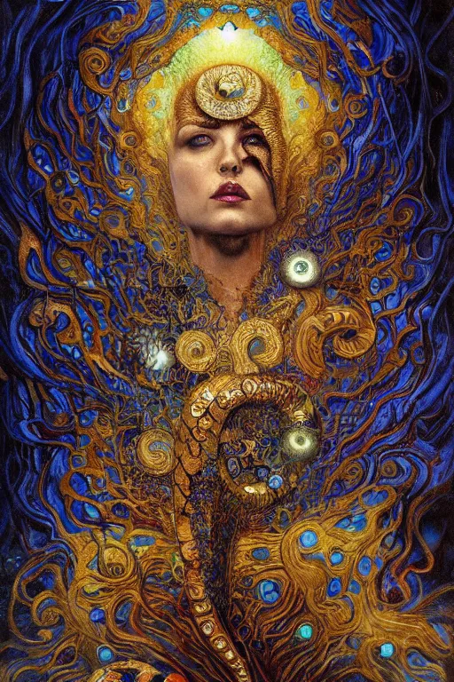 Prompt: Rebirth by Karol Bak, Jean Deville, Gustav Klimt, and Vincent Van Gogh, portrait of a sacred serpent, Surreality, radiant halo, shed iridescent snakeskin, otherworldly, fractal structures, celestial, arcane, ornate gilded medieval icon, third eye, spirals