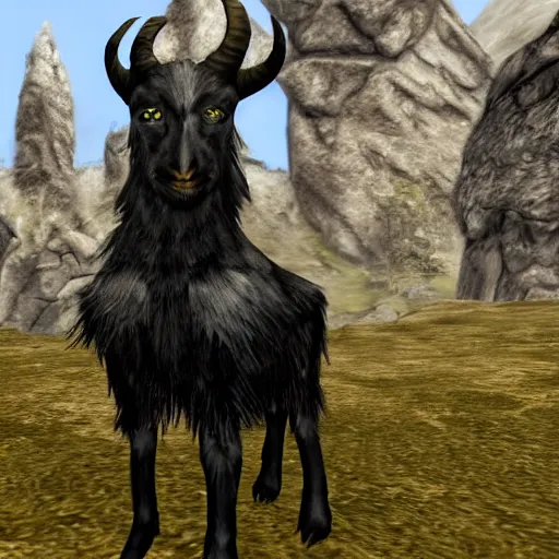 Image similar to an anthropomorphic black goat wizard in skyrim