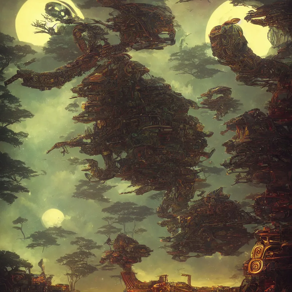 Prompt: Enormous hornbill-headed Thoth droids overseeing human habitation of a beautiful planet with vast trees and massive moons looming in psychedelic skies in a distant galaxy. Moebius, Noah Bradley, hiroshi yoshida, Dan mcpharlin, Peter Mohrbacher, Druillet, epic composition, sparkling light, vivid,bright