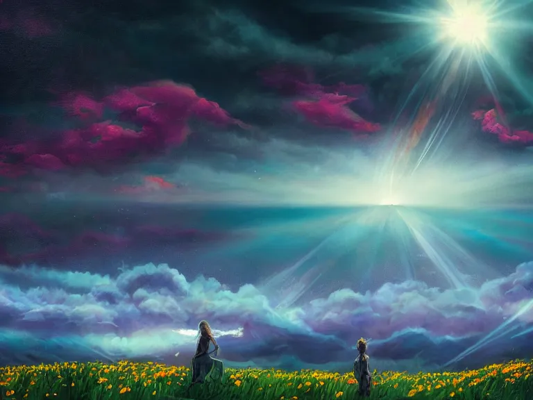 Image similar to a fine fantastic realist comic book style painting of a glorious place where the heavens open to the great cosmos, where flowers are launched into the unknown 8 k, ultra realistic, lens flare, atmosphere, glow, detailed, intricate, full of colour, cinematic lighting, trending on artstation, 4 k, hyperrealistic, focused, extreme details, unreal engine 5, cinematic, masterpiece