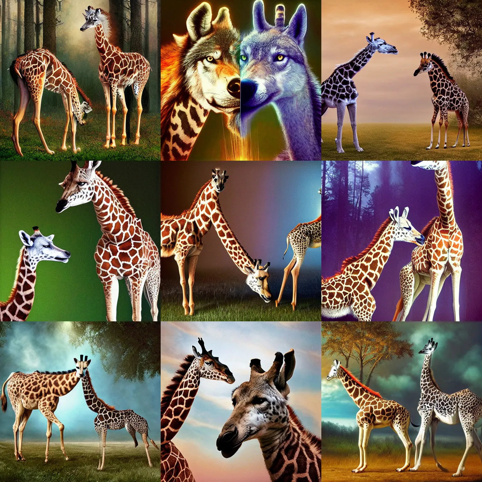 Prompt: a wolf!!!!! and a giraffe looking at each other, Realistic, Refined, Highly Detailed, natural outdoor soft pastel lighting colors scheme, outdoor fine art photography by David  LaChapelle, volumetric lighting, hyper realistic photography