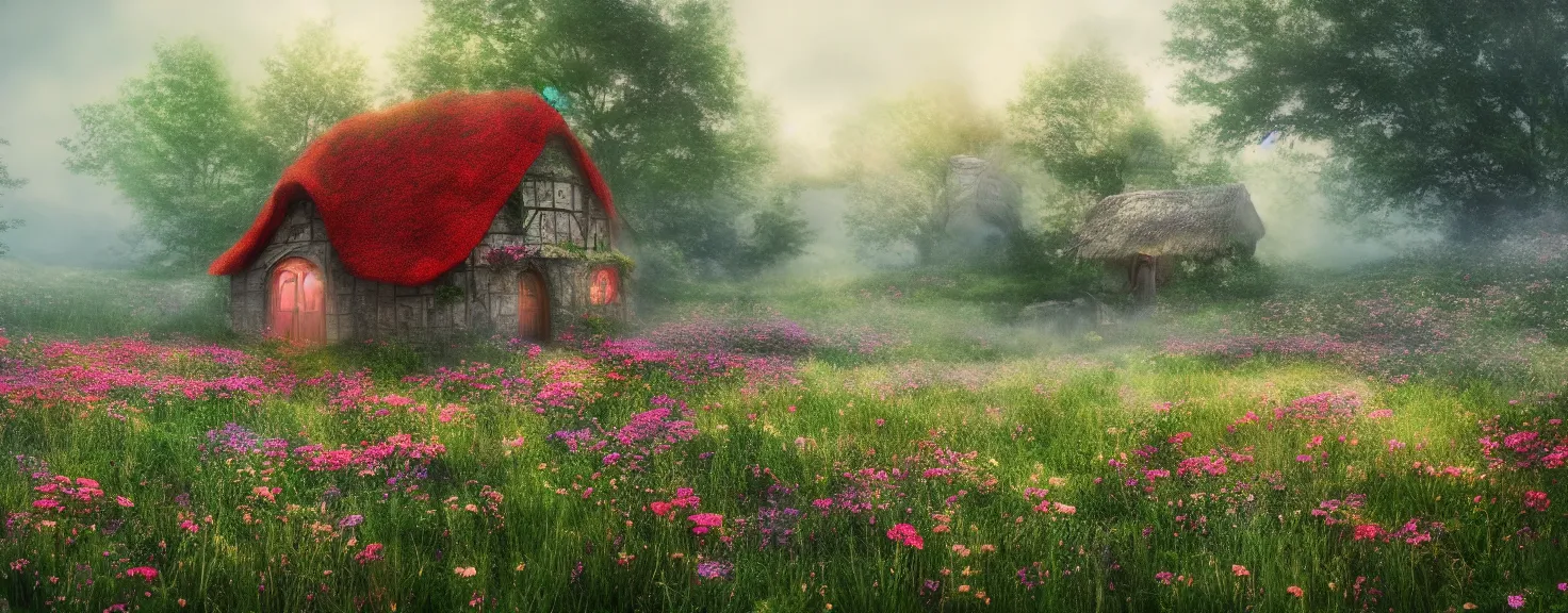 Image similar to fantasy little strawberry like cottage among magical floral meadow partially covered with fog, photo realistic image, super detailed, 4K,cinematic look