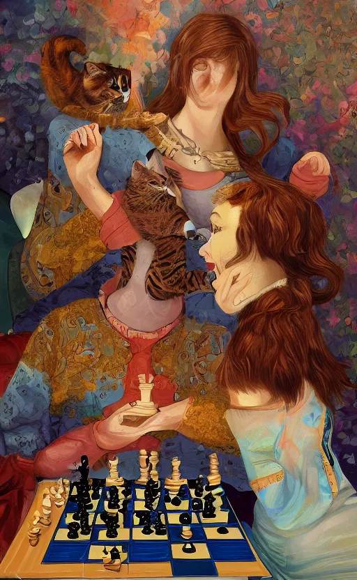 Prompt: beautiful detailed painting of two people with cats heads playing chess. vibrant, high quality, very funny, beautiful, hq. hd. 4 k. award winning. trending on artstation