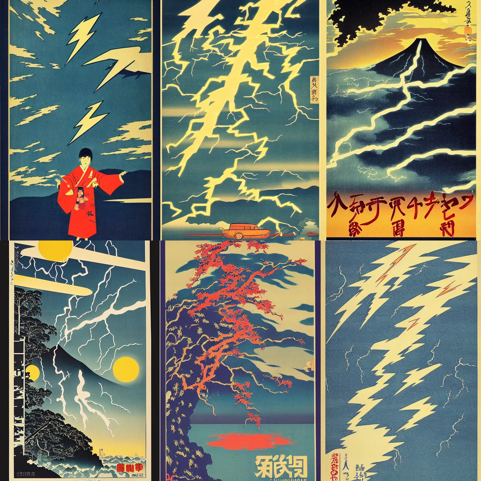 Prompt: Japanese vintage travel poster for the place with the most lightning strikes on earth