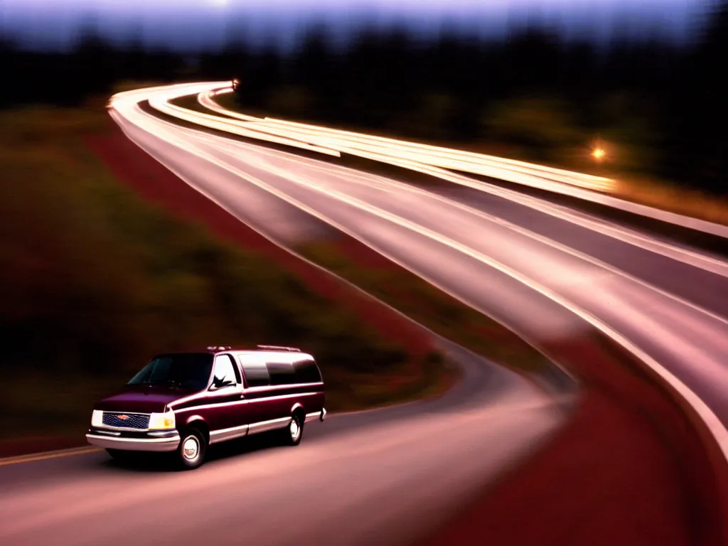 Prompt: A photograph of a 1999 Maroon Chevrolet Express driving on highway 411 in Perth, Ontario at night at 22:20, photograph taken in 2009 on a nokia flip phone