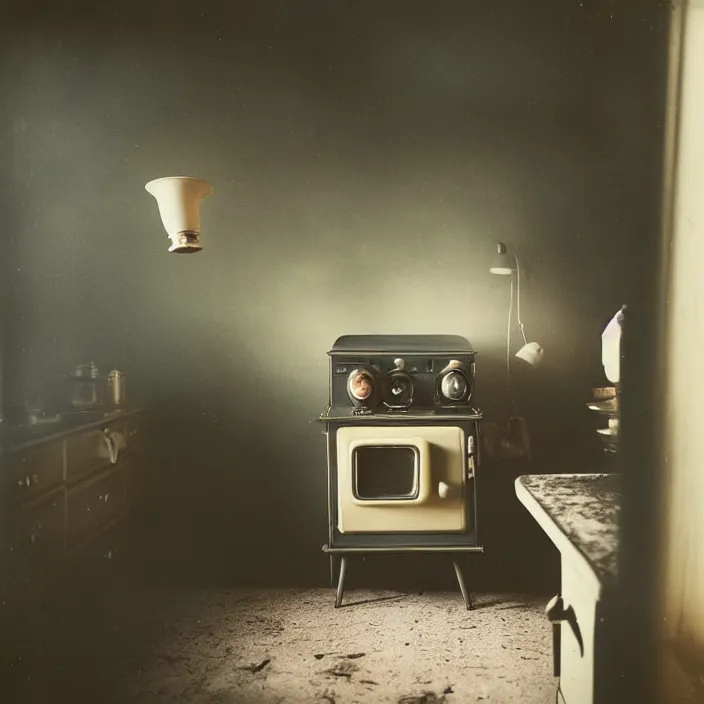 Prompt: kodak portra 4 0 0, wetplate, fisheye, award - winning portrait by britt marling, 1 9 2 0 s kitchen, ghost, picture frames, shining lamps, dust, smoke, 1 9 2 0 s furniture, wallpaper, carpet, books, muted colours, wood, fog,