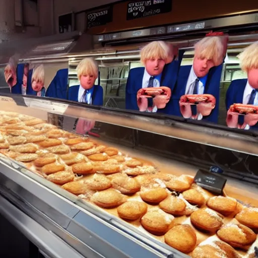 Image similar to many clones of boris johnson run riot inside a greggs