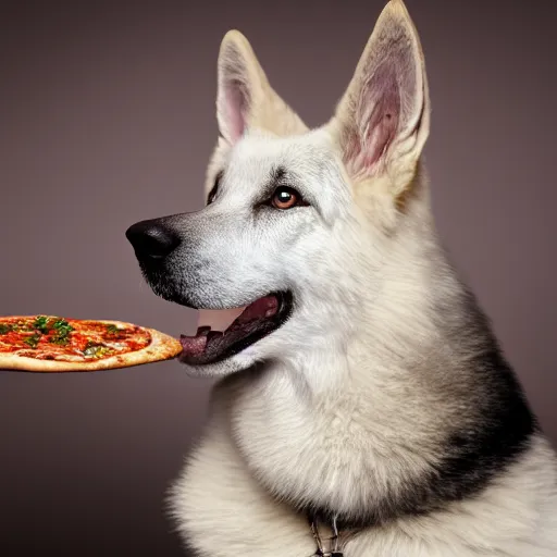 Prompt: detailed photo of a white german shepherd eating pizza, various posed, full body, studio light, 8 k, photorealism, intricate detail, diffuse lighting