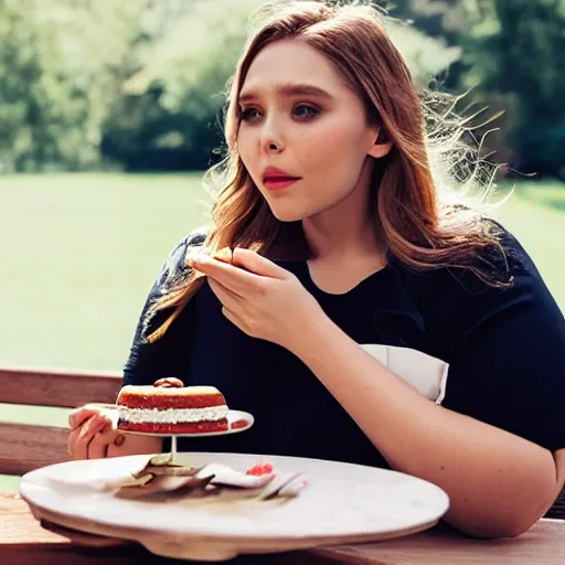 Image similar to Obese Elizabeth Olsen eating cake, XF IQ4, 150MP, 50mm, F1.4, ISO 200, 1/160s, natural light, Adobe Lightroom, photolab, Affinity Photo, PhotoDirector 365