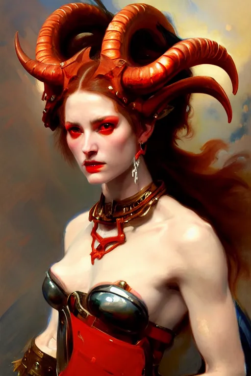 Prompt: painted close - up portrait of a attractive red - skinned intimidating demon cyborg girl with ram horns! oil painting, wearing a noblewoman's outfit, fantasy art by john singer sargent and gaston bussiere and james jean and greg rutkowski, demon noble character design, hd
