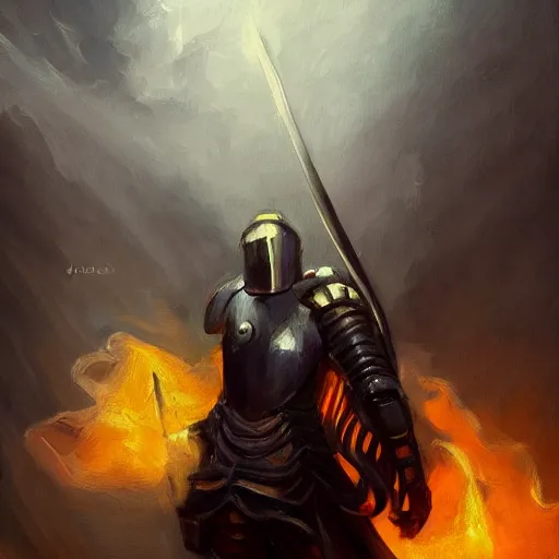 Prompt: a knight in a hall with an angel wing holding a sword of fire, digital oil painting, style of John singer Sargent, heroic, cinematic, indoor, warm lighting, godrays, concept art, highly detailed, trending on art station