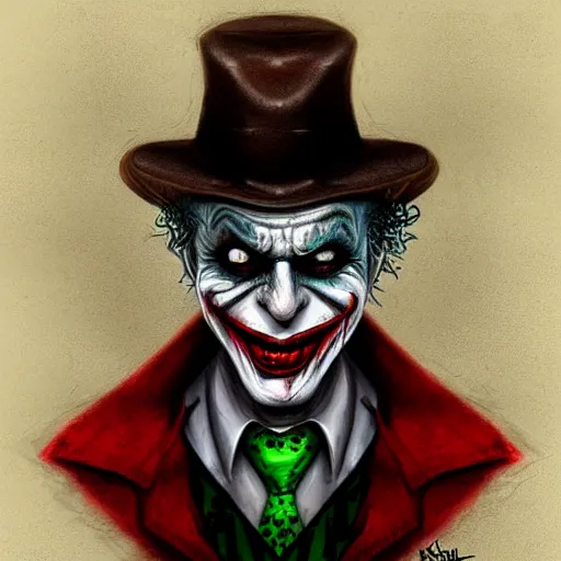 Prompt: surrealism grunge cartoon portrait sketch of The Joker by michael karcz, loony toons style, freddy krueger style, horror theme, detailed, elegant, intricate