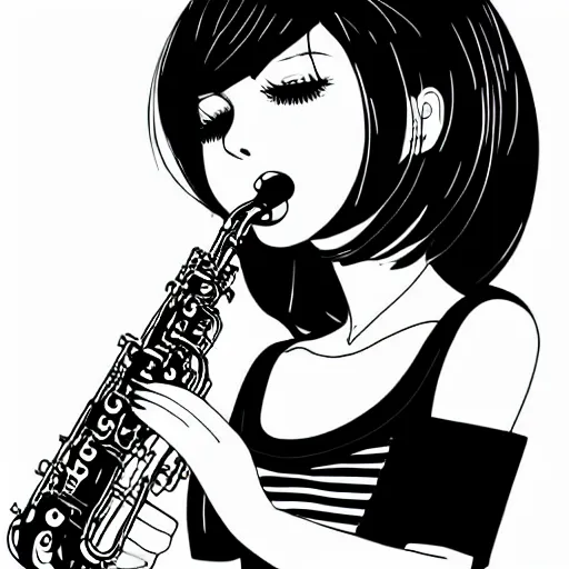 Prompt: an ink drawing of a tech punk girl playing the saxophone by ilya kuvshinov, black and white, white outline, high contrast