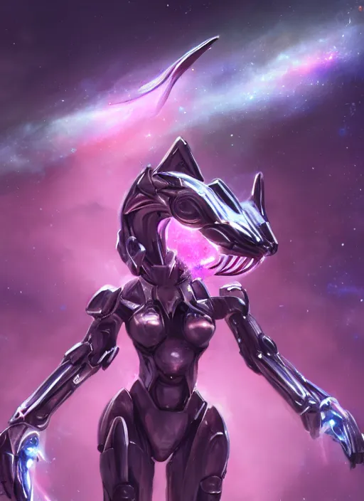 Image similar to cinematic shot, cosmic sized perfectly proportioned stunning beautiful hot anthropomorphic robot female mecha dragon, female dragon head, floating in empty space, nebula sized, larger than galaxies, holding a tiny galaxy, silver, fuschia skin, epic proportions, epic size, epic scale, furry art, dragon art, giantess art, warframe fanart, furaffinity, deviantart