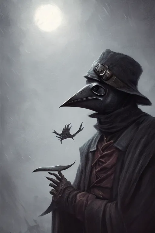 Prompt: A fancy portrait of a plague doctor wearing a beak mask by Greg Rutkowski, Dan Mumford, Christophe Vacher, Sung Choi, Mitchell Mohrhauser, Bloodborne, 8k photorealistic, volumetric lighting, HD, high details, dramatic, dark atmosphere, trending on artstation