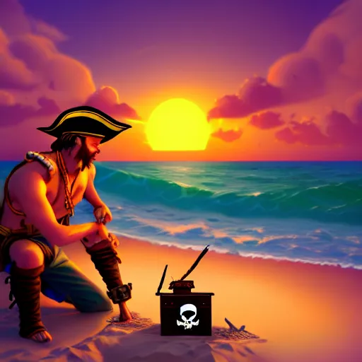 Image similar to pirates finding a buried treasure chest at the beach at sunset, stylized, artstation, hd, cgsociety, cgi, realistic, dramatic, cinematic, artistic, trending, detailed