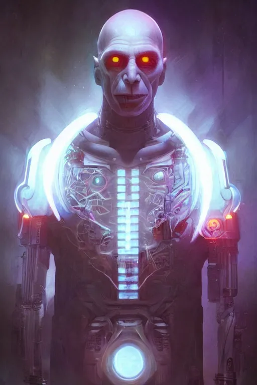 Image similar to portrait of cyborg Lord Voldemort in cyberpunk, neon lighting, digital art from artstation by Ruan Jia and Mandy Jurgens and Artgerm and william-adolphe bouguereau and Greg Rutkowski and Wayne Barlowe