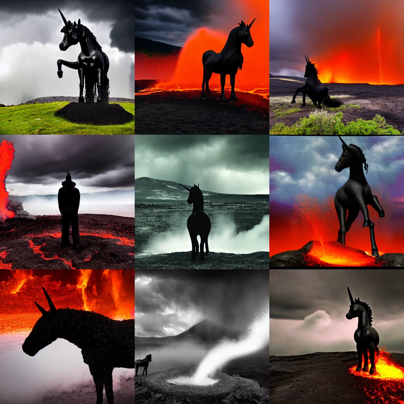 Prompt: a black unicorn standing in front of a lava geyser, phantasy, dark mood, dramatic clouds, godrays