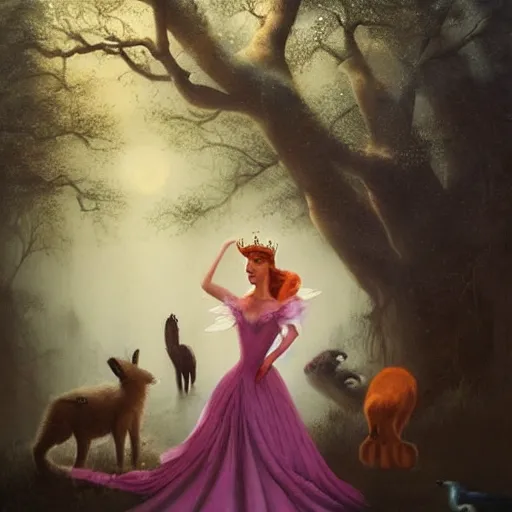 Image similar to A beautiful street art of Princess Aurora singing in the woods while surrounded by animals. She looks so peaceful and content in the company of the animals, and the colors are simply gorgeous. flash photography by Brian Mashburn, by Arnold Böcklin