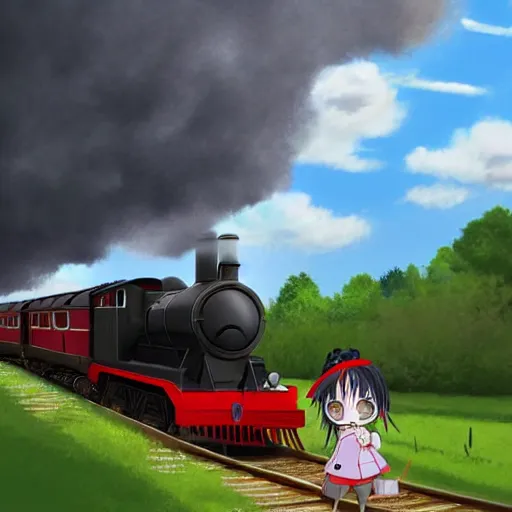 Prompt: action shot of a moving steam train surrounded by grass fields and floating leaves with a cute anime girl looking through one of the windows of the train, the girl has long white hair and a round hat, she wears a black and white school uniform with a red ribbon, it is a beautiful windy and sunny day with blue sky, art by fuzichoco