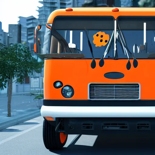 Image similar to a bus covered by orange and black striped soft fur, with 10 paws instead of wheels and a huge smiling cat face on the front and a furry cat tail at the back. Trending by artstation, rendered in unreal engine 5, anime style.