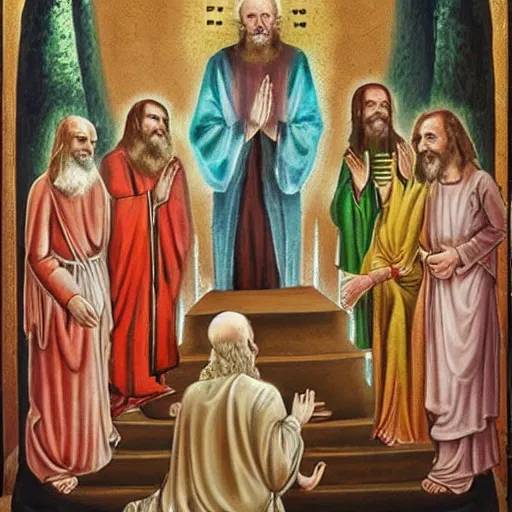 Image similar to ancient religious painting of people worshipping George Carlin who is dressed like Jesus Christ