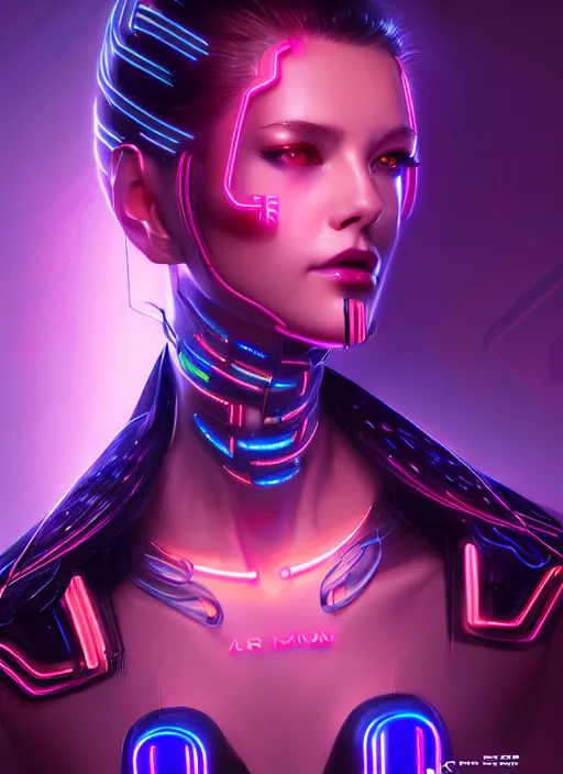 Image similar to portrait of female cyber humanoid, intricate, elegant, cyber neon lights, highly detailed, digital painting, artstation, glamor pose, concept art, smooth, sharp focus, illustration, art by artgerm and greg rutkowski