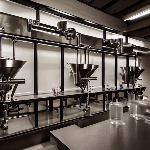 Image similar to a complex, high-end, laboratory with chemistry paraphernalias used to brew coffee, ambient lighting, 4K