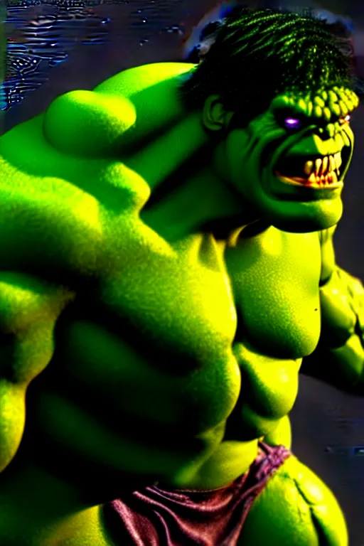 Prompt: a genetic combination of frankenstein, hulk, and godzilla, extreme angle, dynamic lighting, ultra detailed