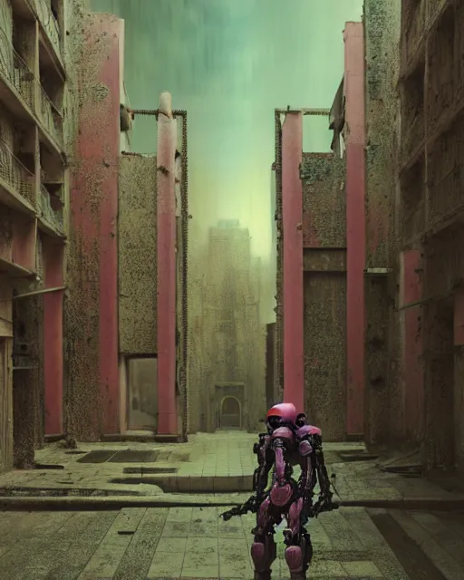 Image similar to hyperrealistic 3d render highly detailed exoskeleton baroque mecha iridescent pink brutalist city ruins background concept art octane santiago caruso de chirico sharp very dramatic green light 8k low angle shallow depth of field