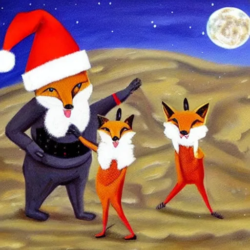 Image similar to fox animals who are wearing santa hats dancing on the moon, inspiring painting