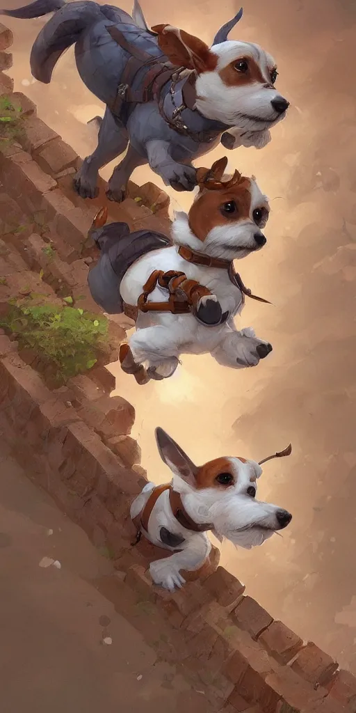 Image similar to adorable jack russel terrier flying above a brick wall, fantasy art, artstation character design contest winner, trending on cgsociety, concept art, speedpaint, beautiful digital art, jesper ejsing, james jean, justin gerard, fenghua zhong, makoto shinkai, highly detailed