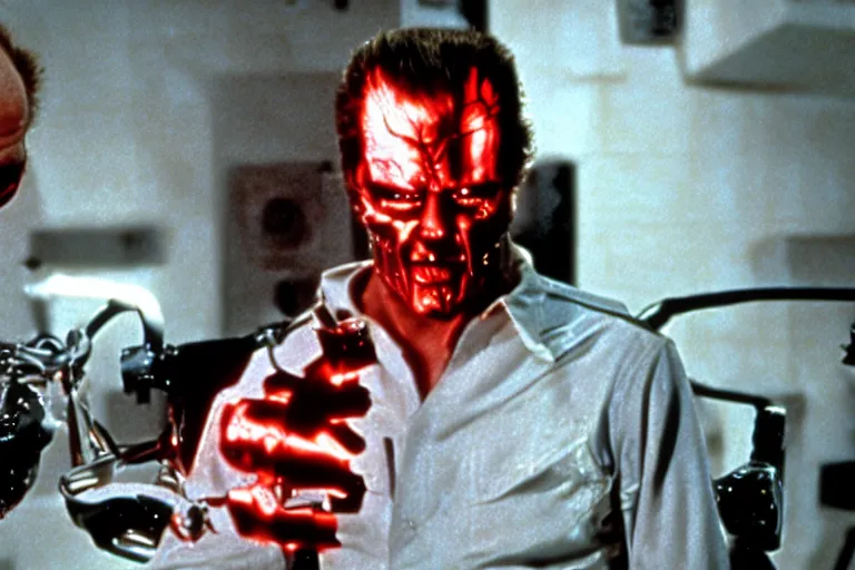 Image similar to Jack Nicholson plays Terminator, his one yes glow red, scene where his endoskeleton gets exposed, still from the film