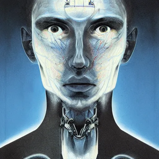 Image similar to surreal portrait of a man by Greg Rutkowski, symmetrical face, he is about 30 years old, short black hair with bangs, his features are a mix between French, Turkish and Russian, transformed into a kind of biomechanical transhuman god, blue glowing eyes, expression of epiphany and determination, cosmic void background, frightening, fascinating, highly detailed portrait, digital painting, book cover, artstation, concept art, smooth, sharp foccus ilustration, Artstation HQ