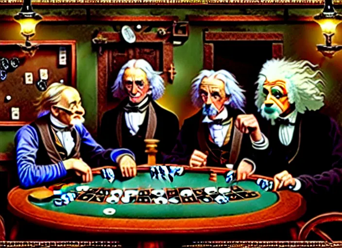 Image similar to isaac newton and stephen hawkins and albert einstein playing poker in an old west saloon, intricate, highly detailed, centered, digital painting, artstation, concept art, smooth, sharp focus, illustration, art by james gurney and norman rockwell and greg rutkowski