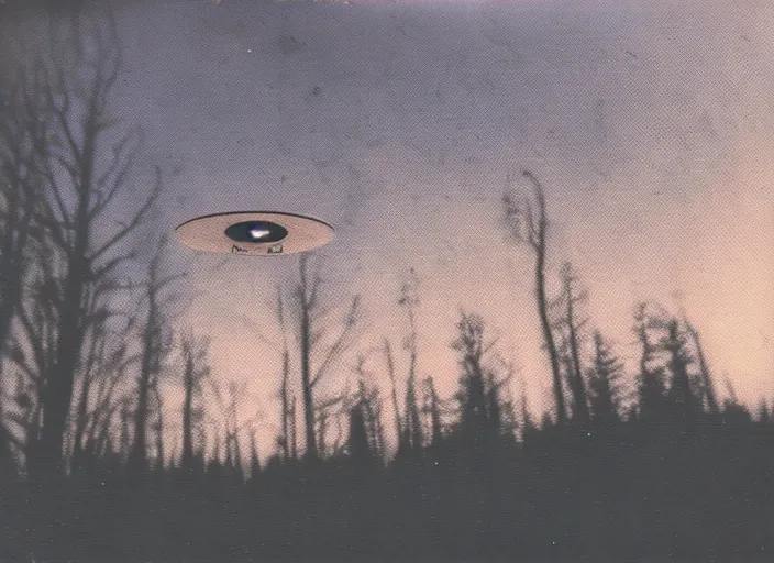 Prompt: aged blurry polaroid photograph of a ufo hovering above a forest at dusk