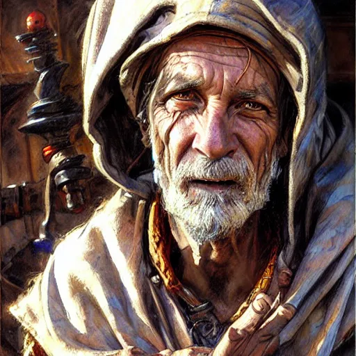 Prompt: talking medieval beggar in rags with a drop, fantasy character portrait by michael garmash, donato giancola