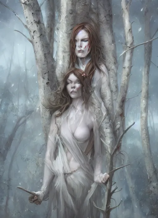 Image similar to birch treefolk white witch, digital painting, trending on artstation, concept art, sharp focus, illustration, award winning photograph, art by artgerm, greg rutkowski, and magali villeneuve