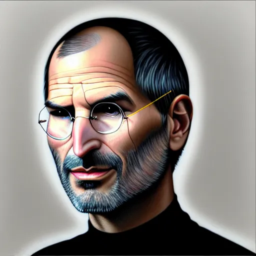 Image similar to face made of many small apples and fruit, steve jobs, fantasy, intricate, elegant, highly detailed, lifelike, photorealistic, digital painting, artstation, illustration, smooth, sharp focus, art by scott davidson, albert aublet, krenz cushart, artem demura, mucha