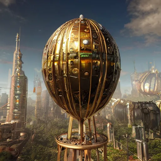 Prompt: streampunk city in a gigantic faberge egg, sky, steampunk, fantasy art, unreal engine,