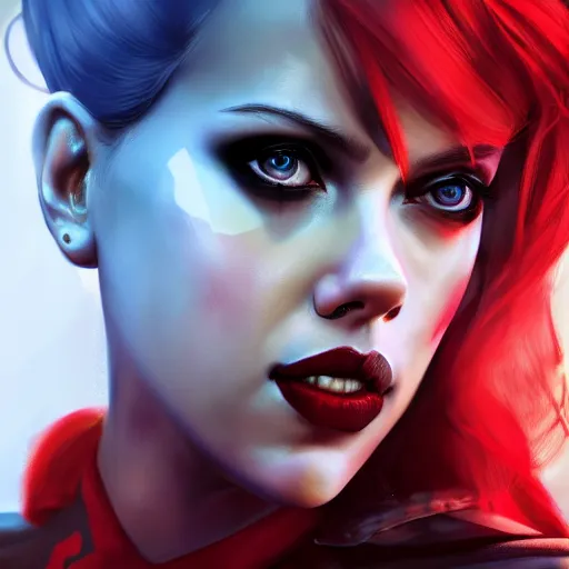 Image similar to Scarlett Johansson as Harley Quinn, digital portrait, artstation, cgsociety, 4k, high detail