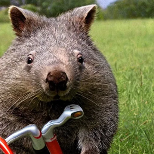 Prompt: a meme image of a wombat saying i like riding on a bicycle