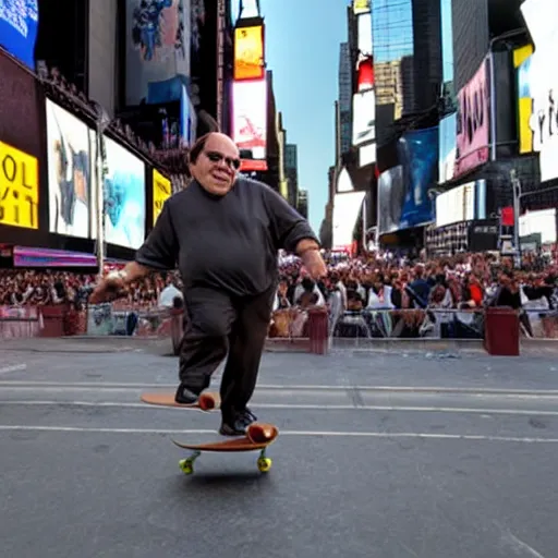 Image similar to photograph of danny devito skateboarding in times square