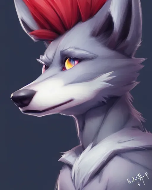 Image similar to character concept art of a dark gray anthropomorphic furry wolf red hair blue eyes | | cute - fine - face, pretty face, key visual, realistic shaded perfect face, fine details by stanley artgerm lau, wlop, rossdraws, james jean, andrei riabovitchev, marc simonetti, and sakimichan, artstation