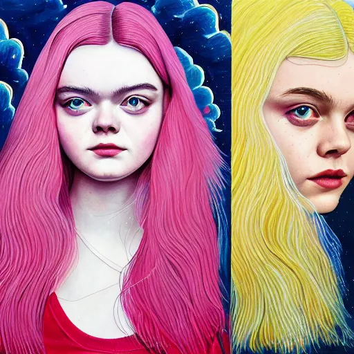 Image similar to professional painting of Elle Fanning in the style of Martine Johanna, head and shoulders portrait, symmetrical facial features, smooth, sharp focus, illustration, intricate, stormy weather, extremely detailed masterpiece,